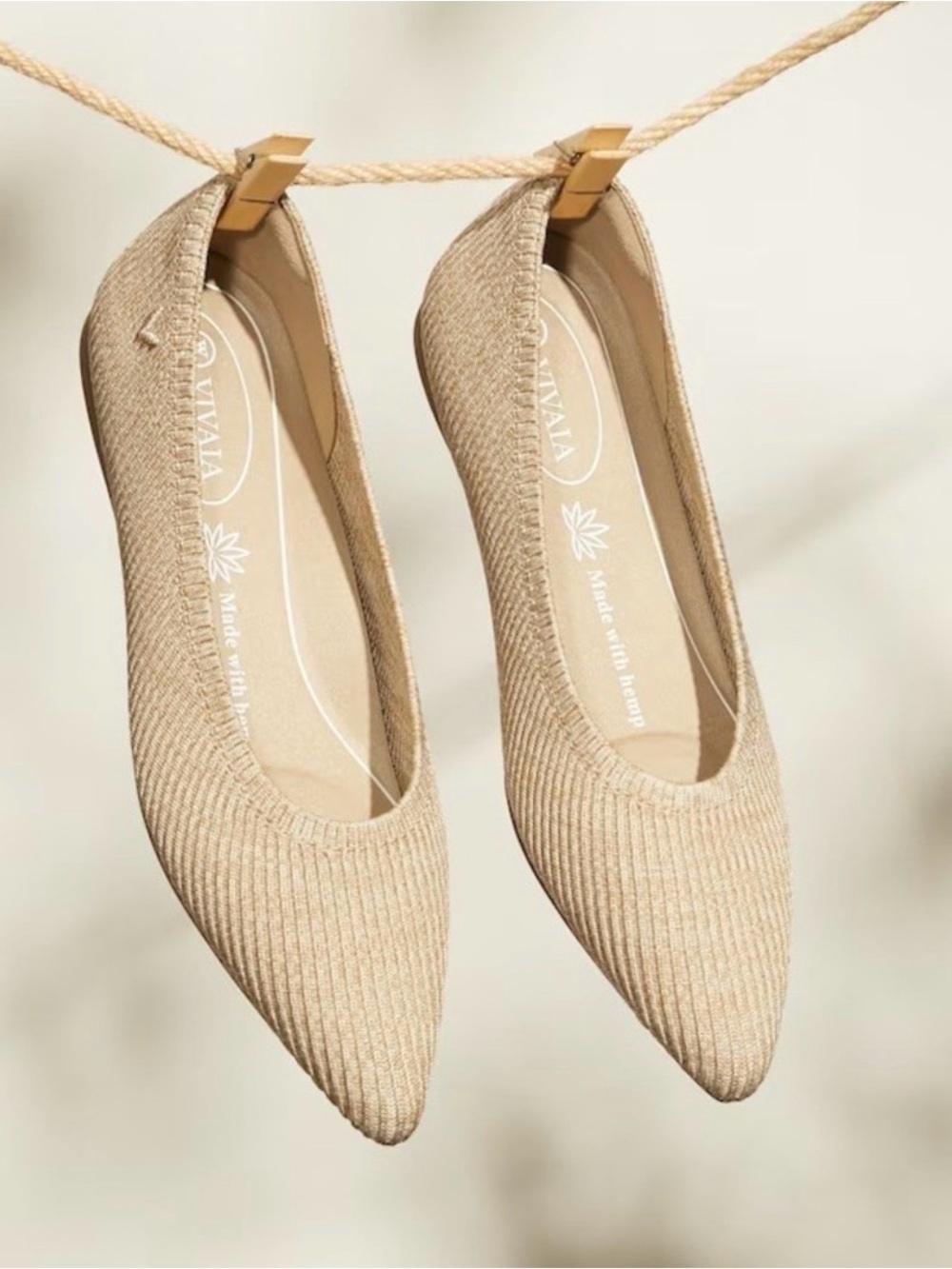 Vivaia Pointed-Toe Ballet Flats Beige Aria 5° Hemp Knit Washable‎ Shoes Size 6